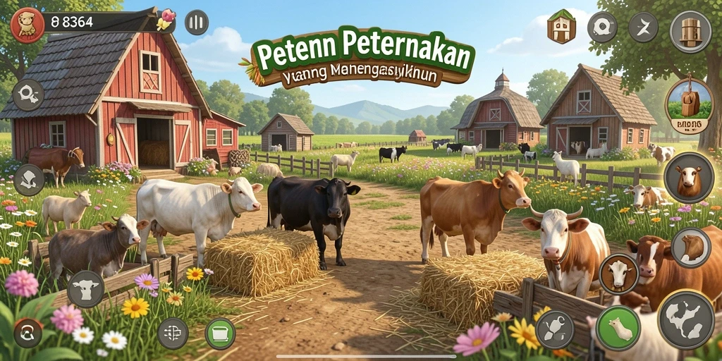 Screenshot utama 8364 menampilkan ladang subur dengan berbagai tanaman.