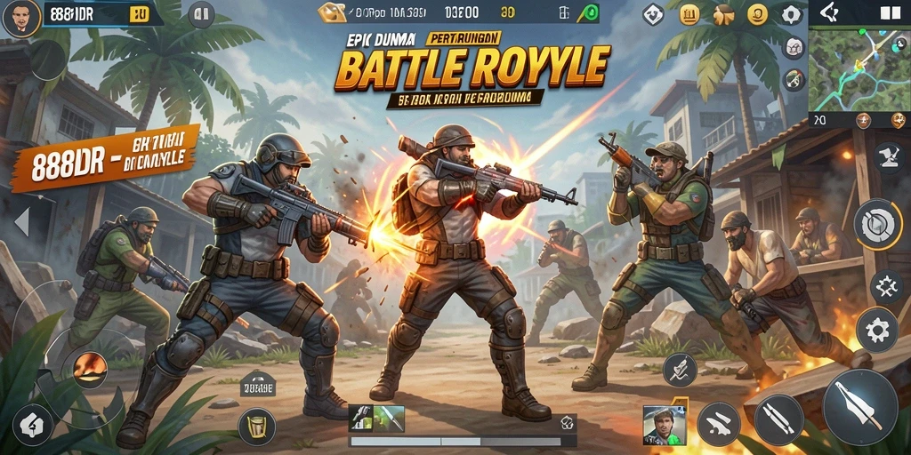 Screenshot gameplay <strong>888IDR</strong> menunjukkan aksi seru di arena Battle Royale.