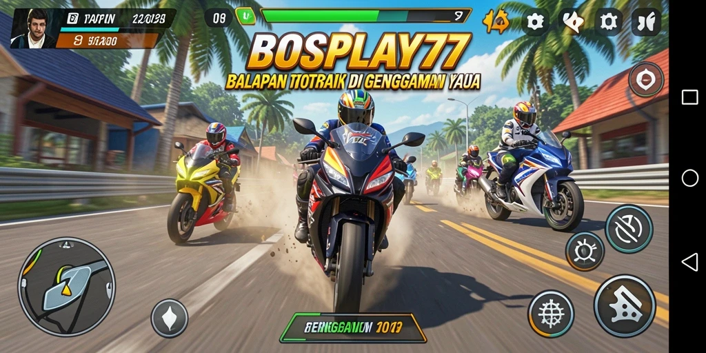 Tampilan gameplay <strong>BOSPLAY77</strong> yang dinamis dan menegangkan saat balapan motor.