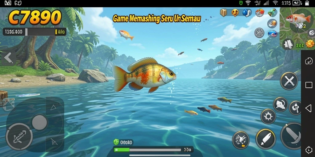 Tampilan gameplay memancing seru di C7890 yang menampilkan aksi menangkap ikan.