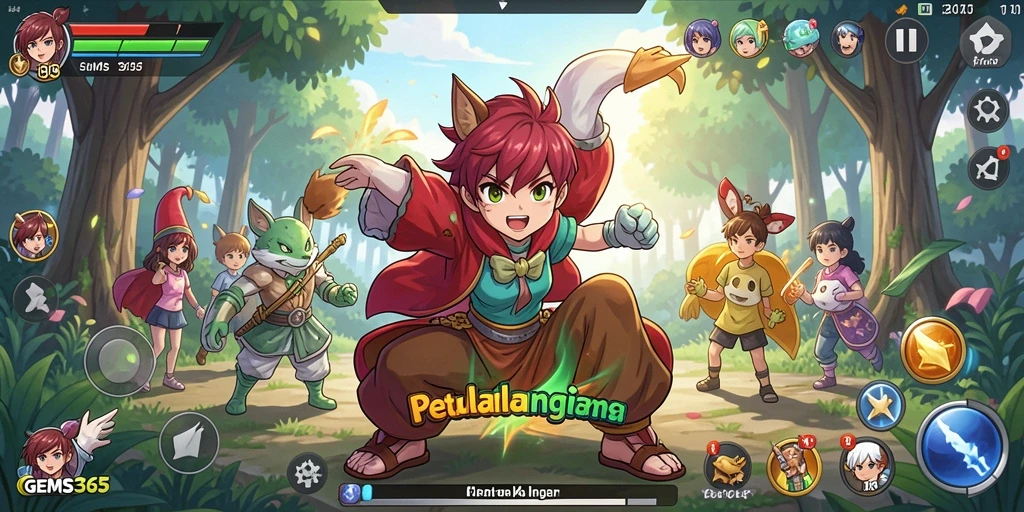 Screenshot gameplay GEMS365 menampilkan karakter Anime yang penuh aksi.