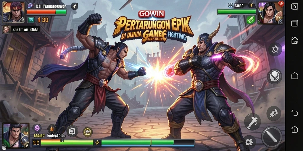 Tangkapan layar dari gameplay GOWIN menampilkan pertarungan yang seru dan karakter beragam.