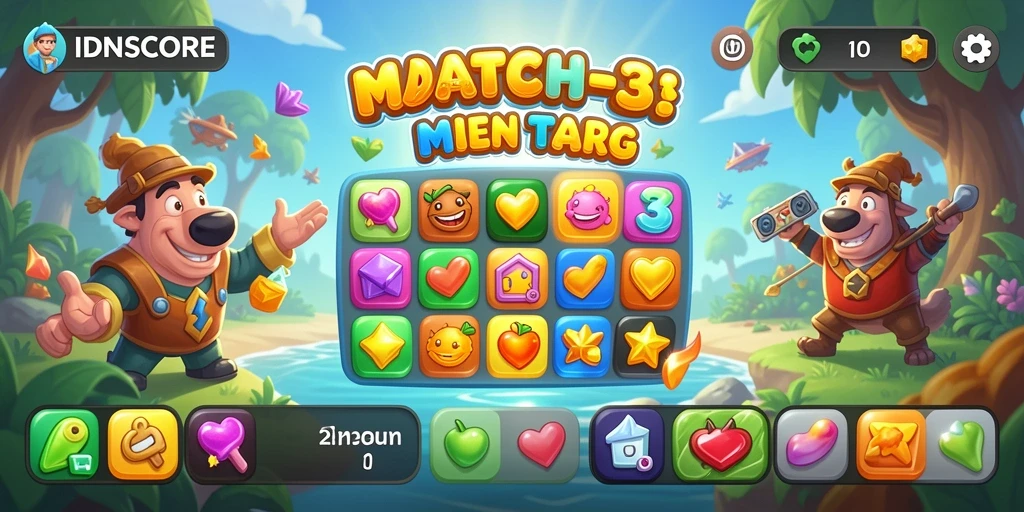 Tangkapan layar gameplay IDNSCORE yang menunjukkan keseruan permainan Match-3.