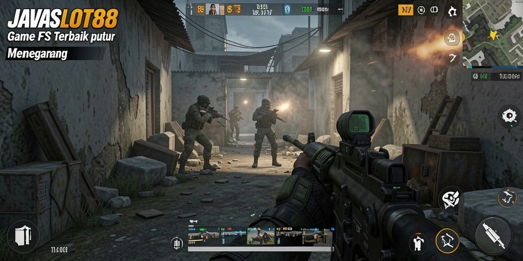 Screenshot utama JAVASLOT88 menampilkan aksi menegangkan dalam pertempuran FPS.
