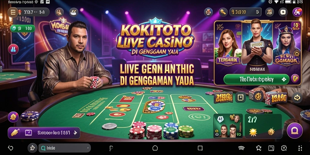 Screenshot gameplay KOKITOTO menunjukkan dealer profesional dan suasana kasino yang menggembirakan.
