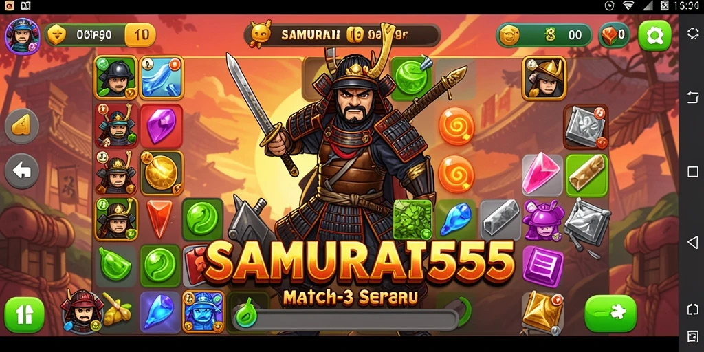 Tampilan gameplay SAMURAI555 dengan aksi match-3 yang seru.